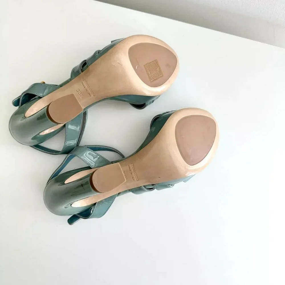 NEW MIU MIU Seafoam Blue Patent Leather Ankle Strap Platform Sandals Size 8.5